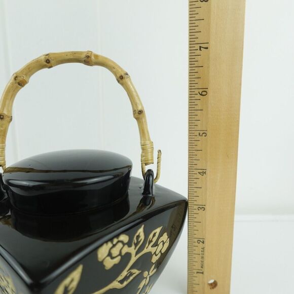 Asian Black and Beige 5pc Ceramic Tea Set Floral Design Bamboo Handle - Picture 14 of 14